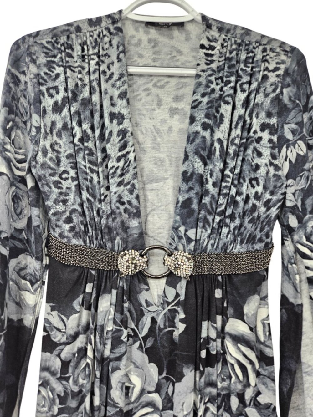 Sky Floral Animal Print Embellished Mini Dress Black & Gray Women's Size L - Picture 3 of 13